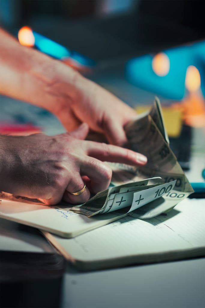 Hands counting cash over a notepad, with euro banknotes, in a busy workspace setting.