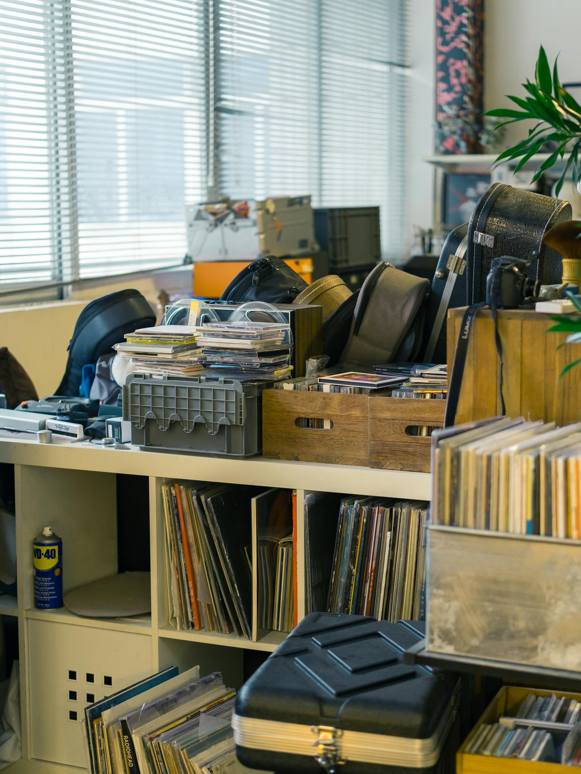 A cozy indoor space with shelves filled with vinyl records and retro items, creating a nostalgic atmosphere.