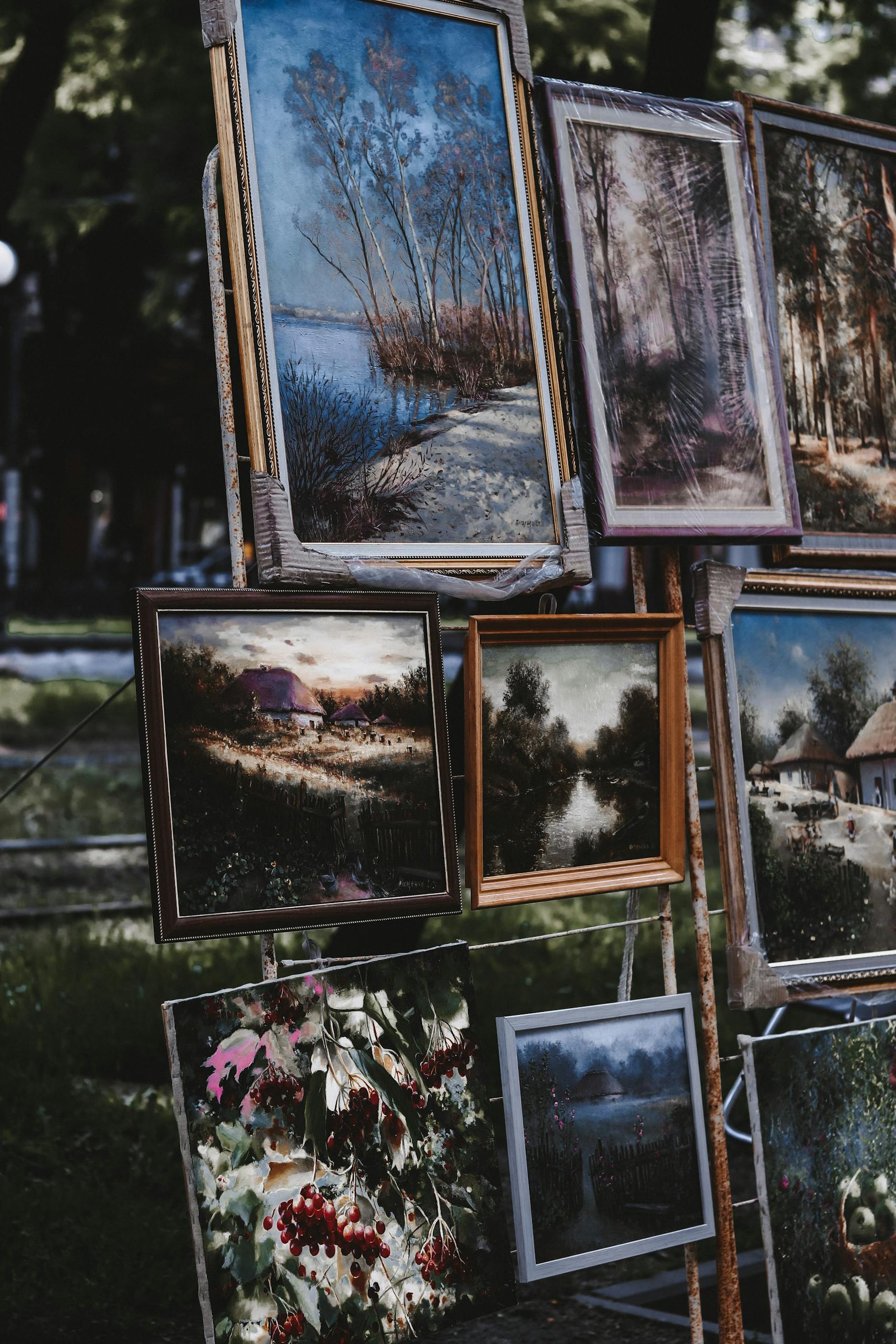 Display of framed paintings in an outdoor setting capturing natural landscapes.