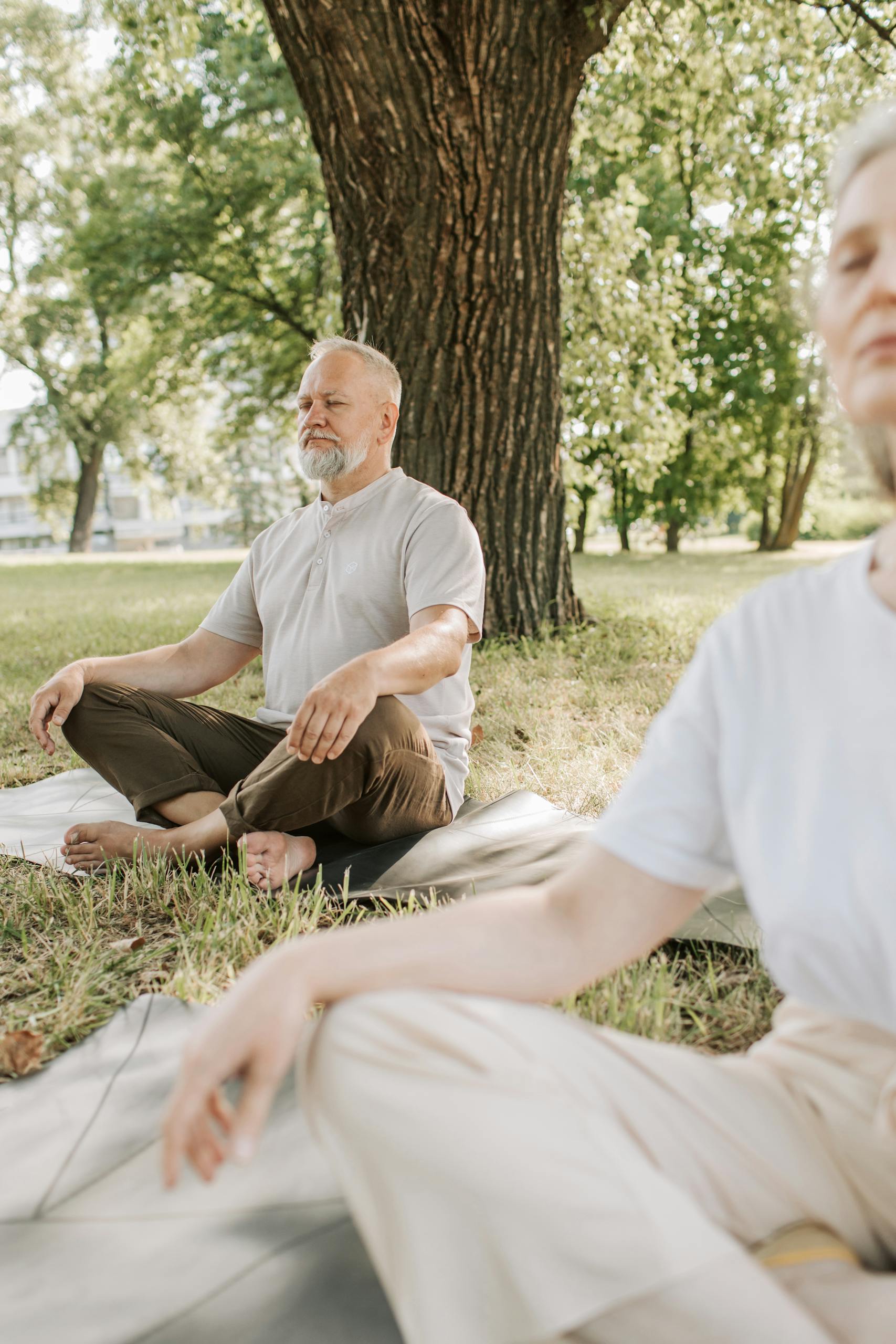 Elderly couple meditating outdoors in a serene park setting for a healthy lifestyle.