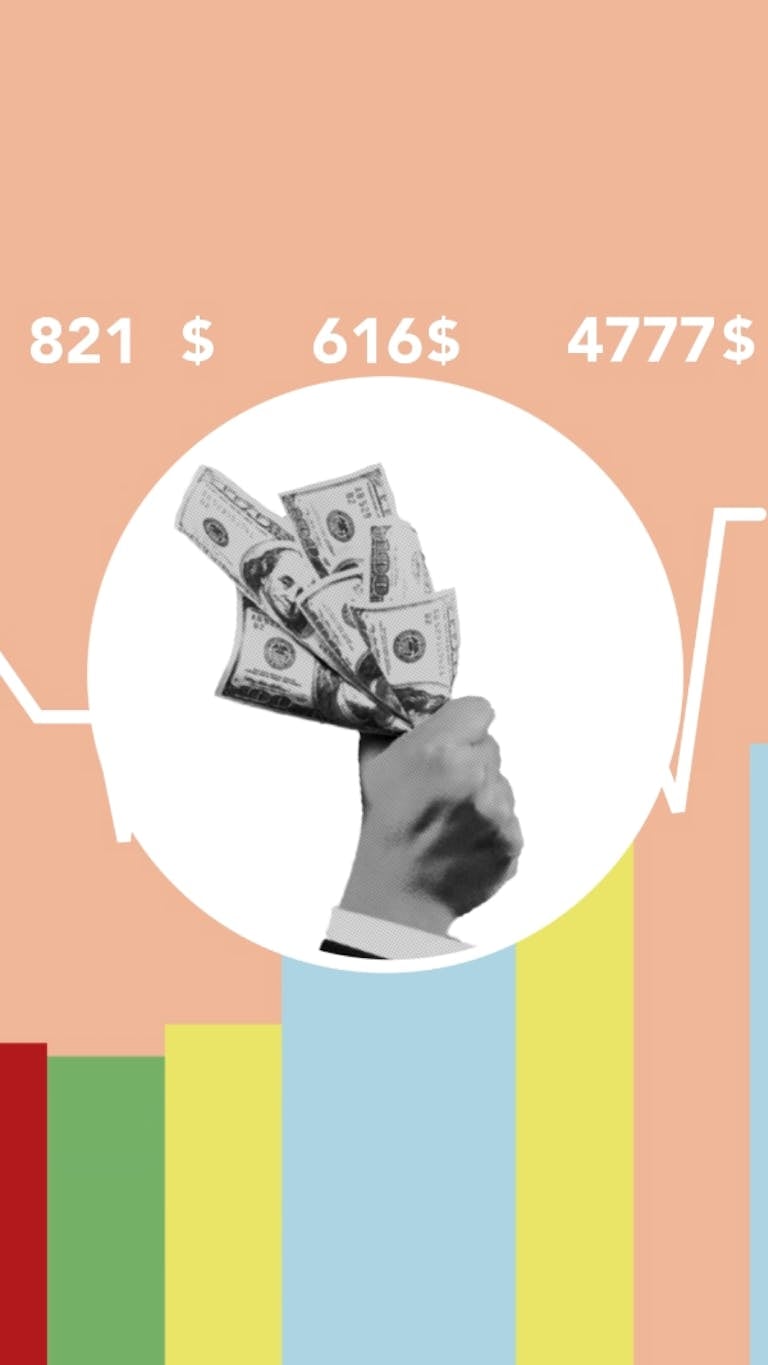 Illustration of man with money in circle above static graph of world economic growth