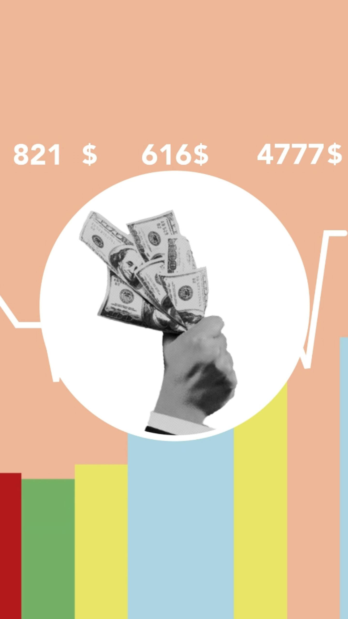 Illustration of man with money in circle above static graph of world economic growth