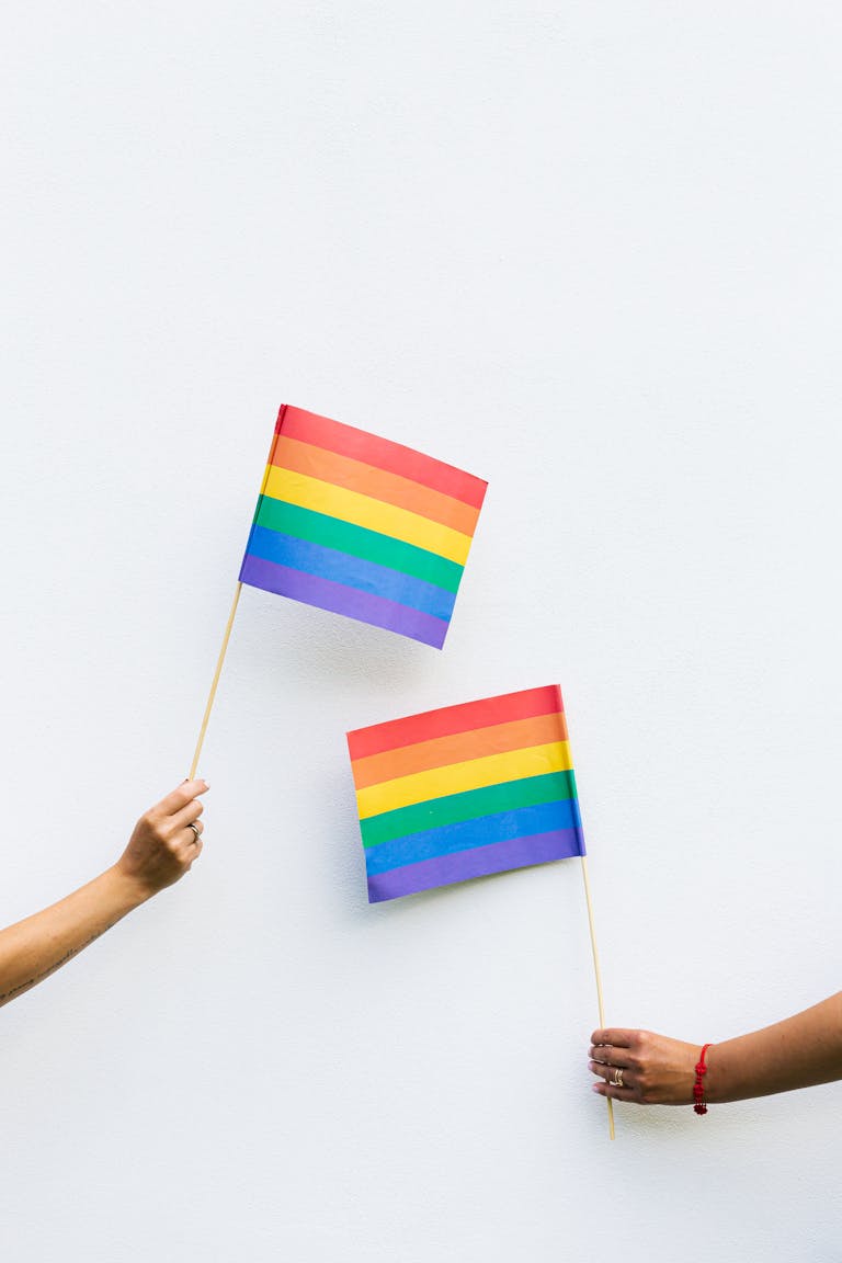 Two rainbow pride flags held by hands against a clean white background.