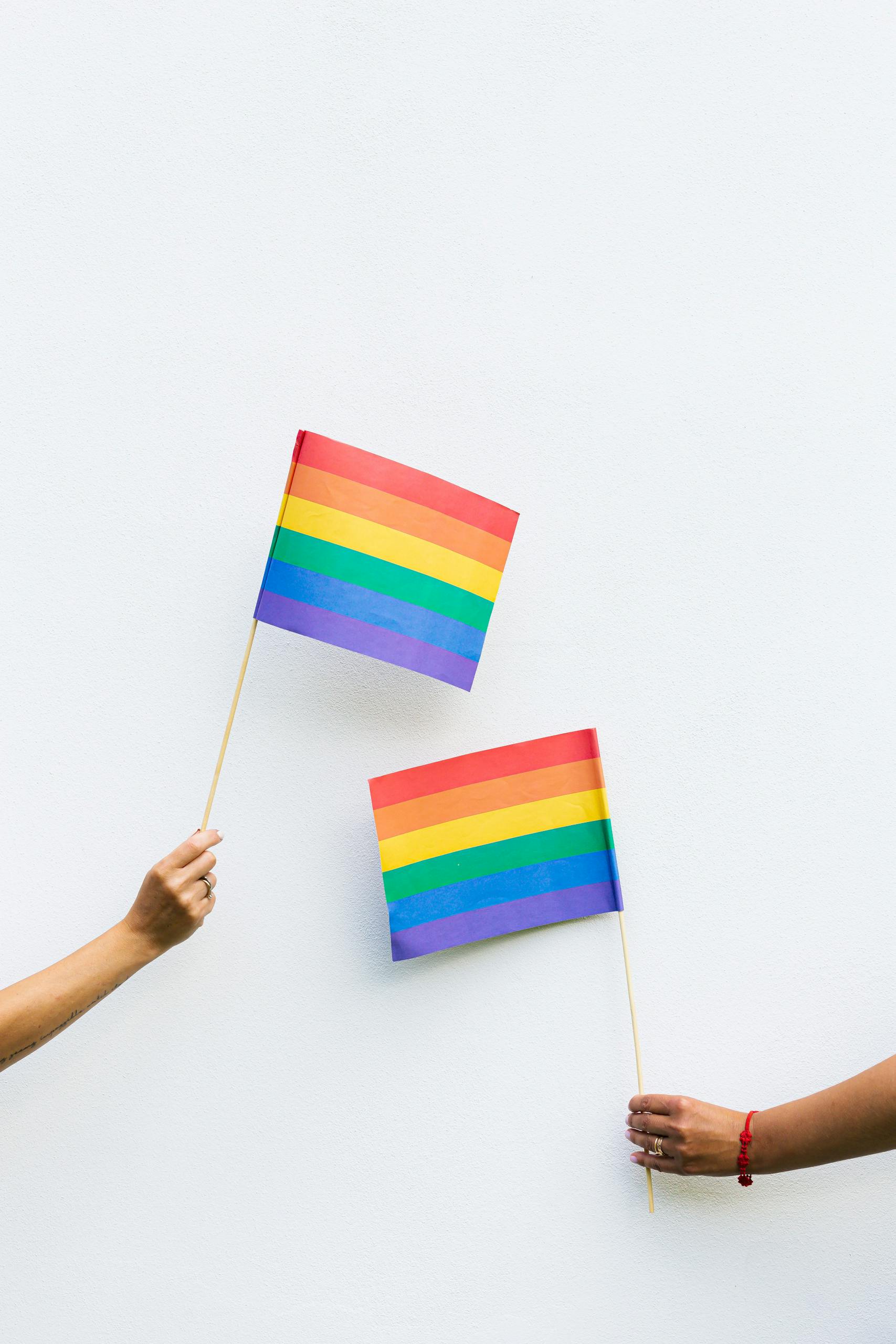 Two rainbow pride flags held by hands against a clean white background.