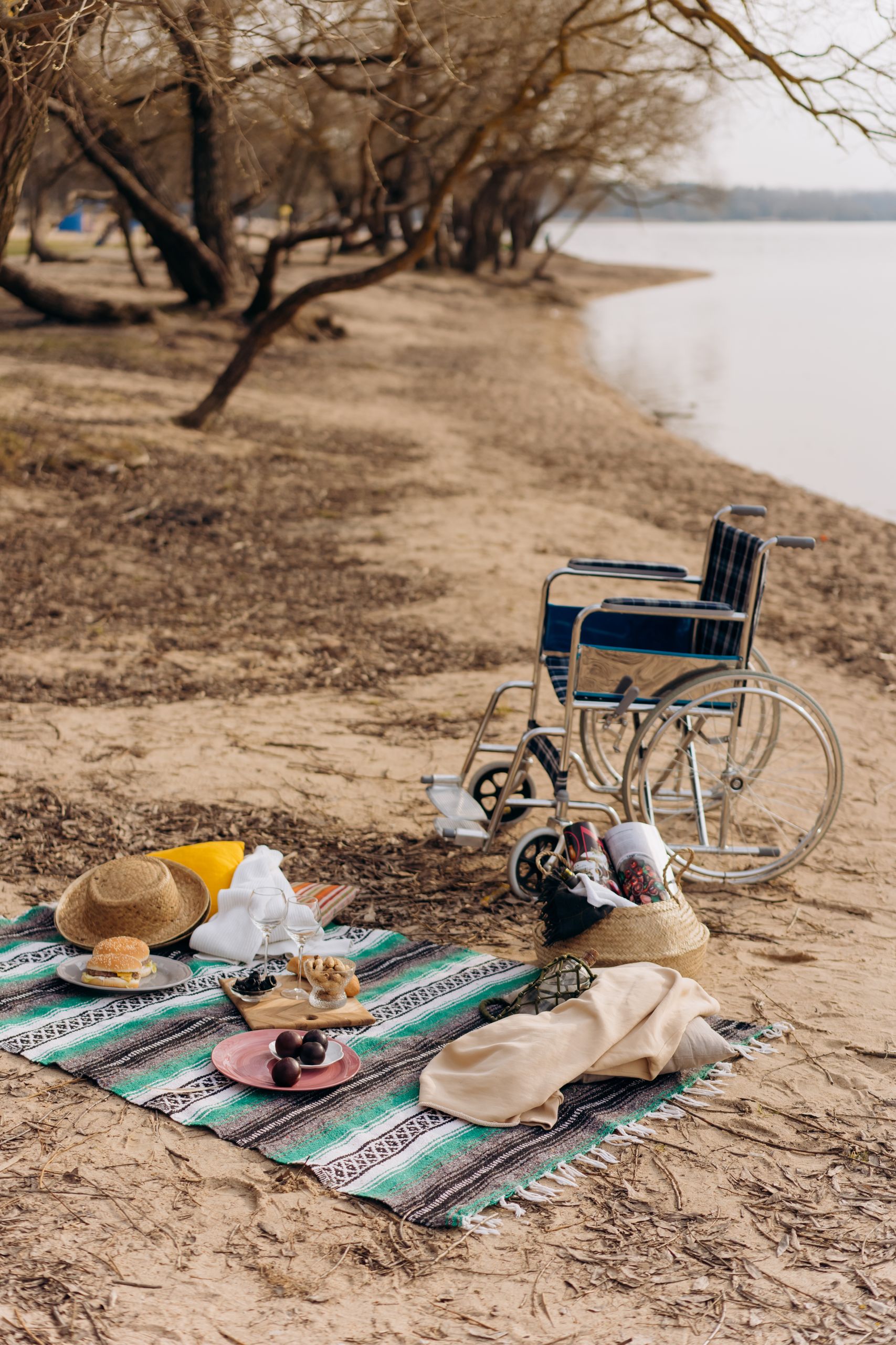 A peaceful picnic by the river with a wheelchair, promoting accessibility.