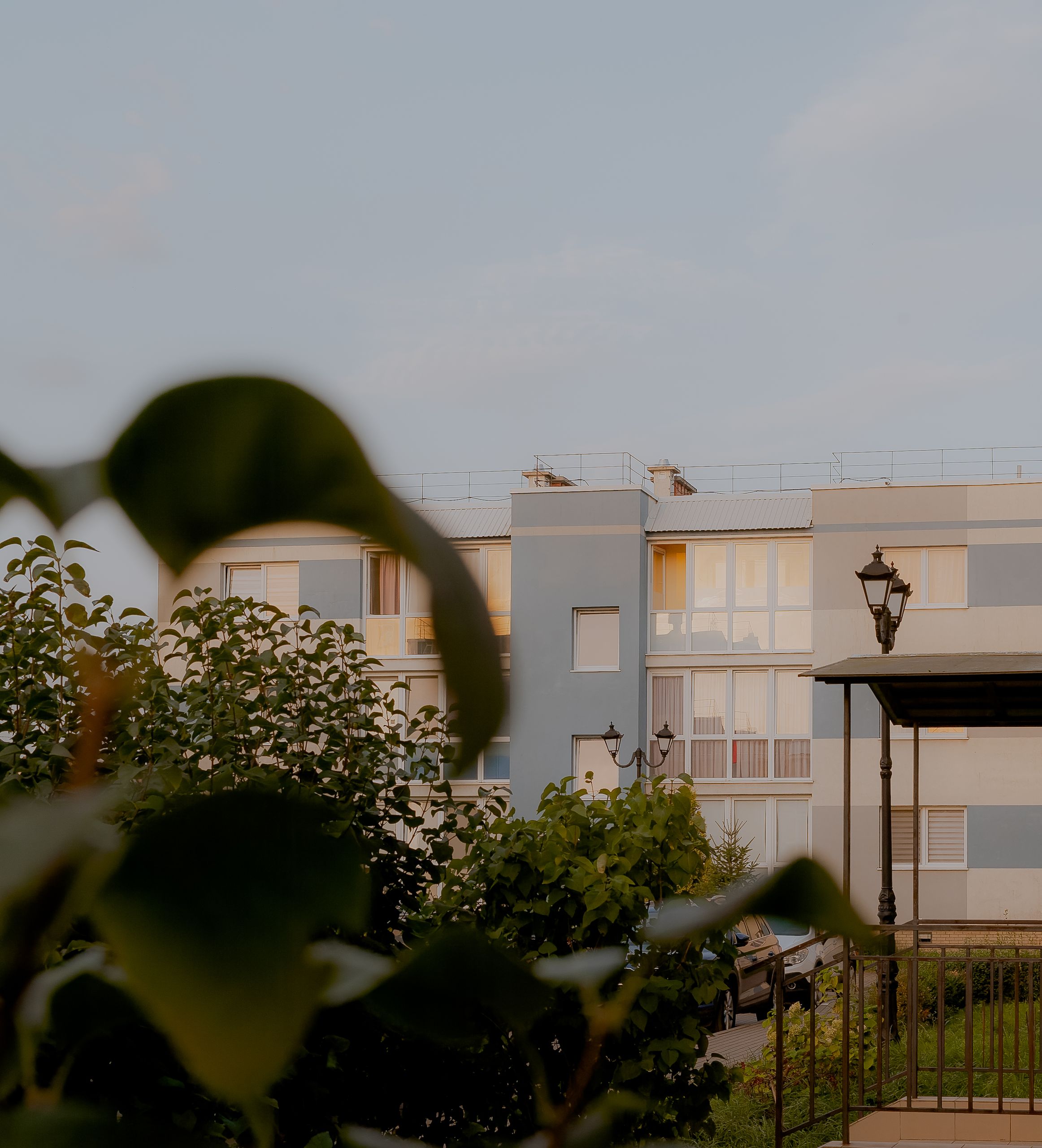 Scenic view of modern residential building amidst greenery in Kaliningrad, Russia.