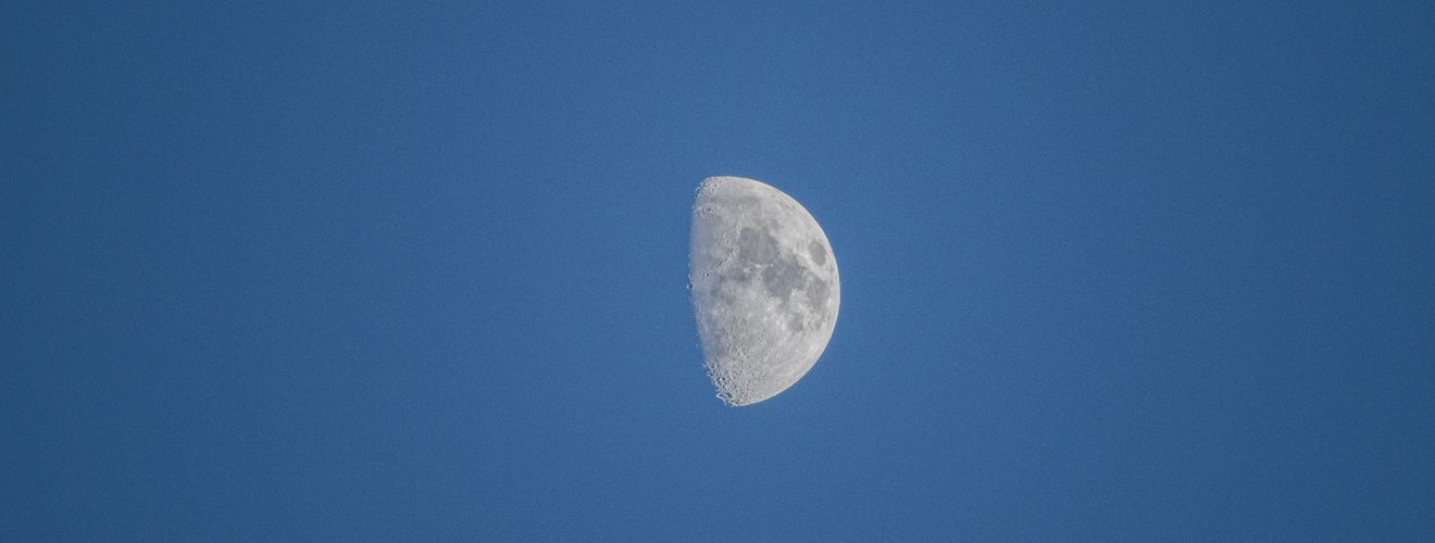 A detailed shot of the first quarter moon against a bright blue sky.