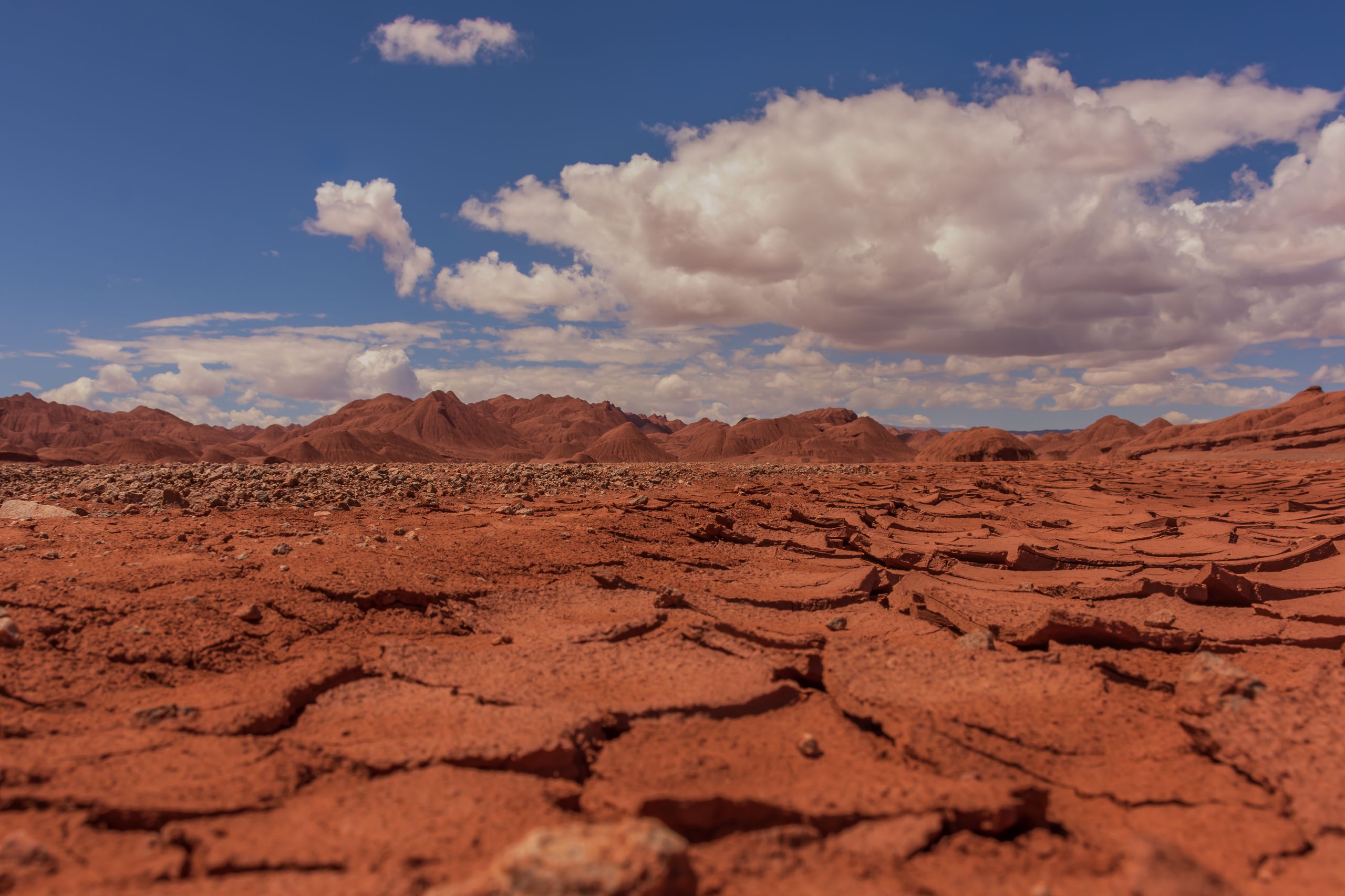 A stunning view of a cracked red desert under a bright blue sky with scattered clouds.