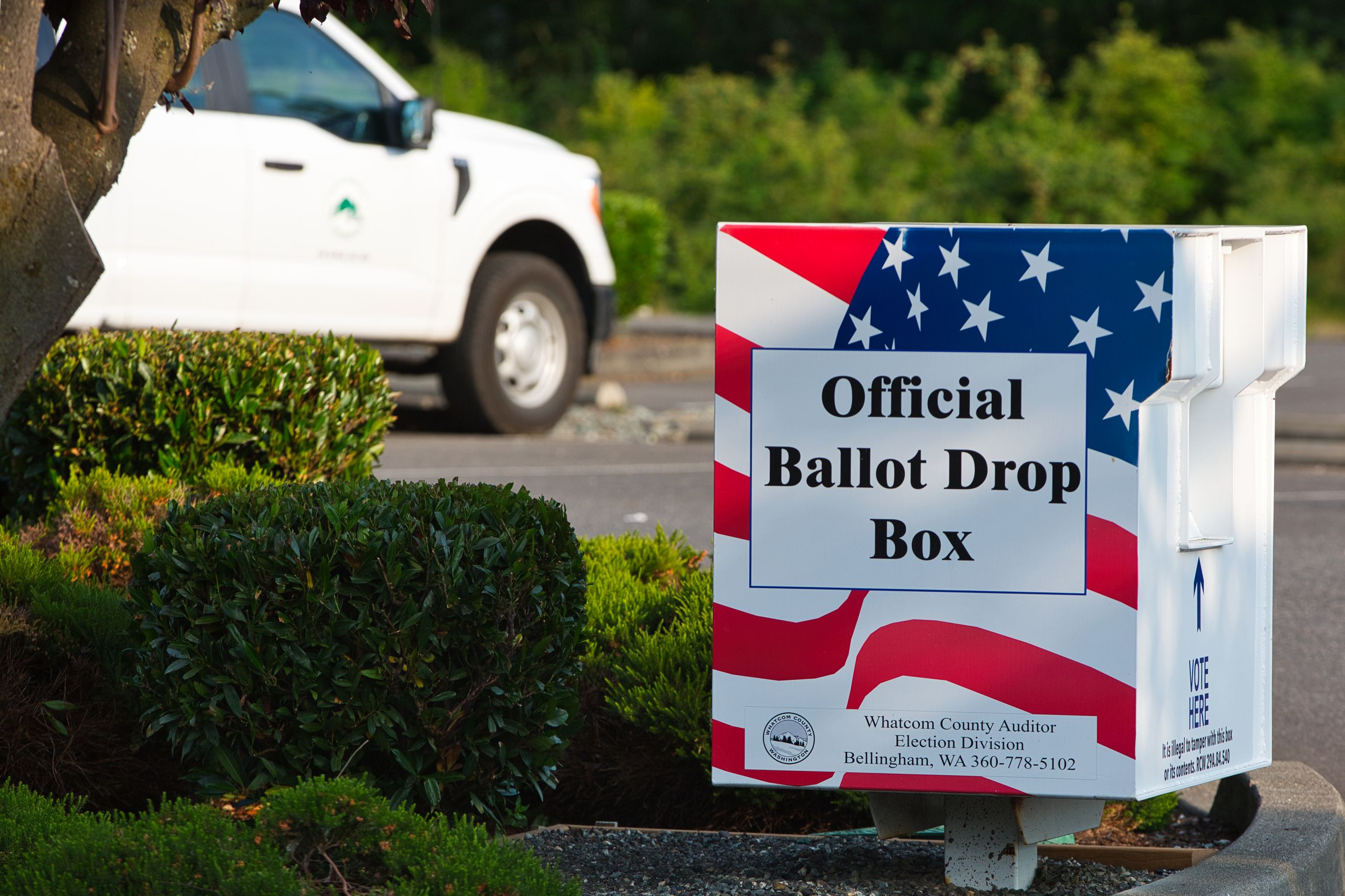 Patriotic ballot drop box in Ferndale, Washington for US elections.